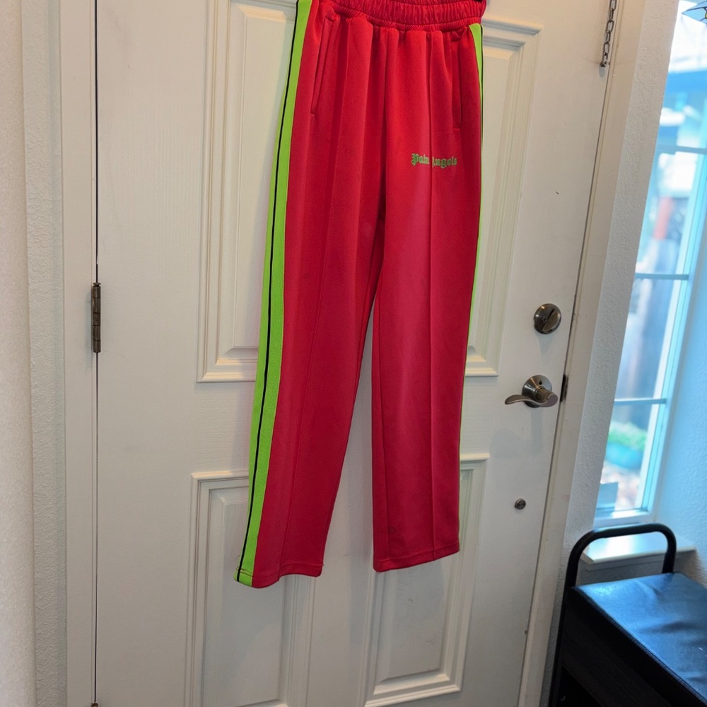 🩷 💚 Palm Angels Track Pants w/imperfections Sz S Neon Pink w/ Neon Green - Picture 9 of 16